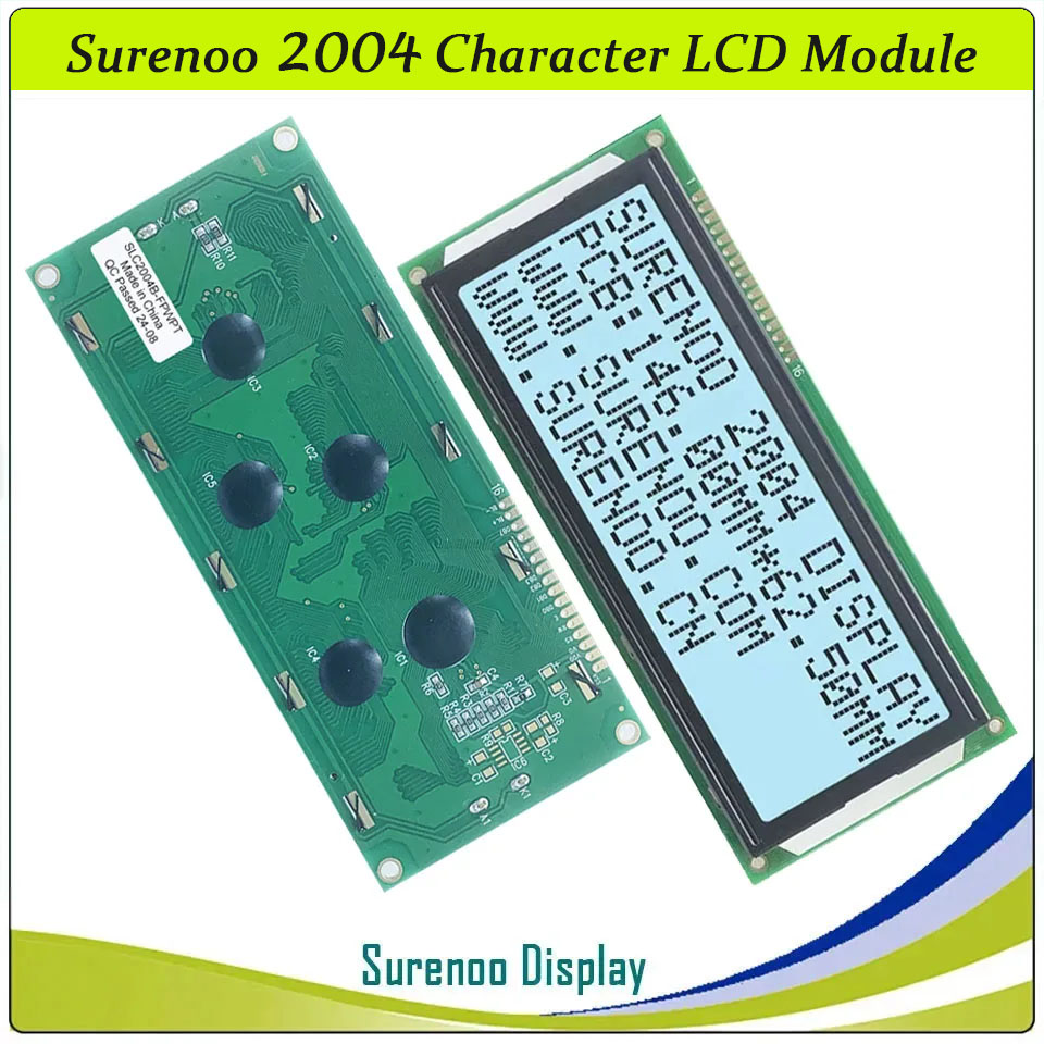 SLC2004B PCB=146.00X62.50MM 2004 20*4 Surenoo Character LCD Module Display Screen Panel 6800 4-bit 8-bit Parallel Serial IIC I2C AIP31066 SPLC780D ST7066 PCF8574 Controller STN Yellow Green STN Blue VA-TN Negative FSTN Positive LED Backlight