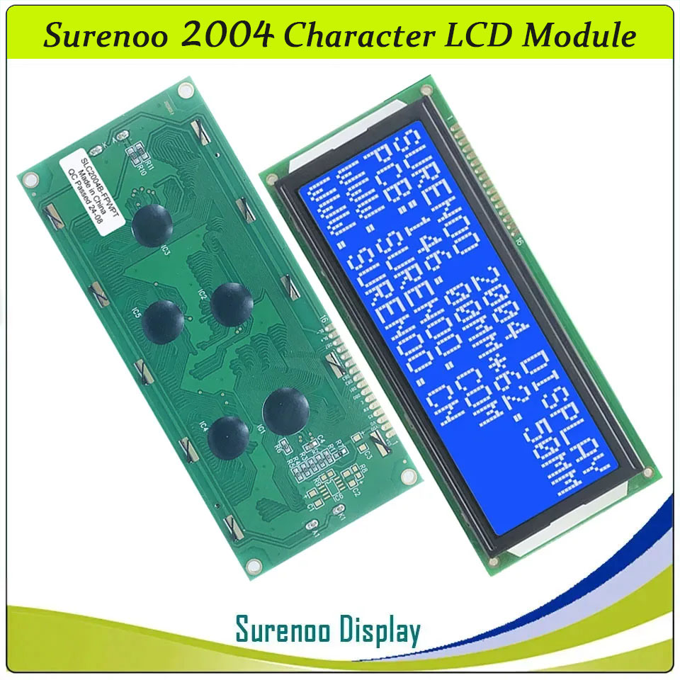SLC2004B PCB=146.00X62.50MM 2004 20*4 Surenoo Character LCD Module Display Screen Panel 6800 4-bit 8-bit Parallel Serial IIC I2C AIP31066 SPLC780D ST7066 PCF8574 Controller STN Yellow Green STN Blue VA-TN Negative FSTN Positive LED Backlight