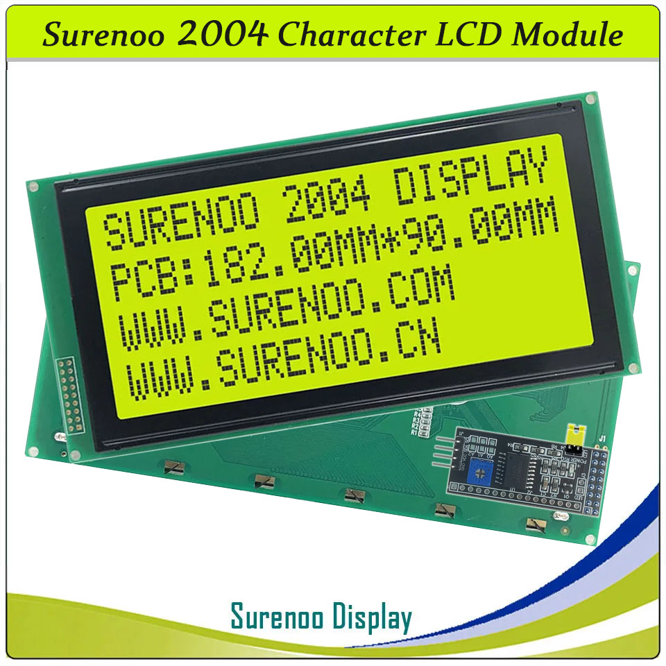 SLC2004C PCB=182.00X90.00MM 2004 20*4 Surenoo Character LCD Module Display Screen Panel 6800 4-bit 8-bit Parallel Serial IIC I2C AIP31066 SPLC780D ST7066 PCF8574 Controller STN Yellow Green LED Backlight
