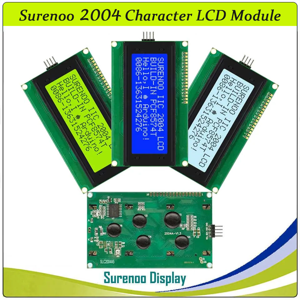 SLC2004A5 PCB=98.00X60.0 2004 20*4 Surenoo Character LCD Module Display Screen Panel 6800 4-Bit 8-Bit Parallel Integrated Serial IIC I2C SPI AIP31066 PCF8574 PCF8574T STN Yellow Green STN Blue FSTN Positive LED Backlight for Arduino UNO Nano Mega2560