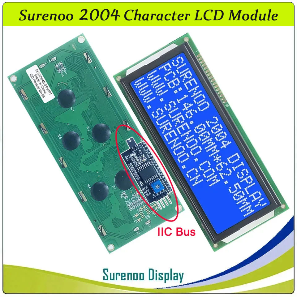 SLC2004B PCB=146.00X62.50MM 2004 20*4 Surenoo Character LCD Module Display Screen Panel 6800 4-bit 8-bit Parallel Serial IIC I2C AIP31066 SPLC780D ST7066 PCF8574 Controller STN Yellow Green STN Blue VA-TN Negative FSTN Positive LED Backlight
