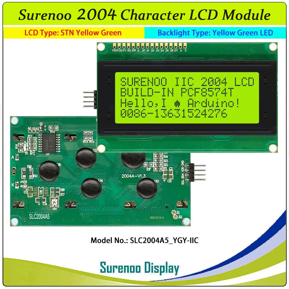SLC2004A5 PCB=98.00X60.0 2004 20*4 Surenoo Character LCD Module Display Screen Panel 6800 4-Bit 8-Bit Parallel Integrated Serial IIC I2C SPI AIP31066 PCF8574 PCF8574T STN Yellow Green STN Blue FSTN Positive LED Backlight for Arduino UNO Nano Mega2560