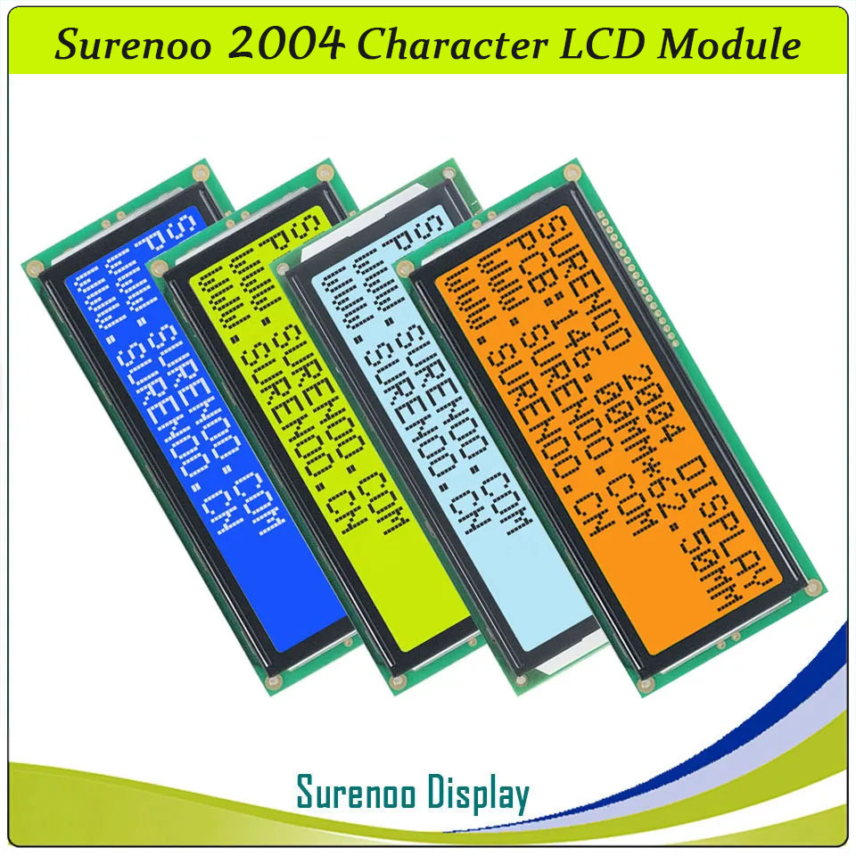 SLC2004B PCB=146.00X62.50MM 2004 20*4 Surenoo Character LCD Module Display Screen Panel 6800 4-bit 8-bit Parallel Serial IIC I2C AIP31066 SPLC780D ST7066 PCF8574 Controller STN Yellow Green STN Blue VA-TN Negative FSTN Positive LED Backlight