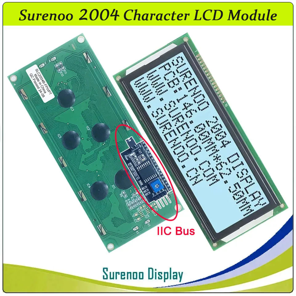 SLC2004B PCB=146.00X62.50MM 2004 20*4 Surenoo Character LCD Module Display Screen Panel 6800 4-bit 8-bit Parallel Serial IIC I2C AIP31066 SPLC780D ST7066 PCF8574 Controller STN Yellow Green STN Blue VA-TN Negative FSTN Positive LED Backlight