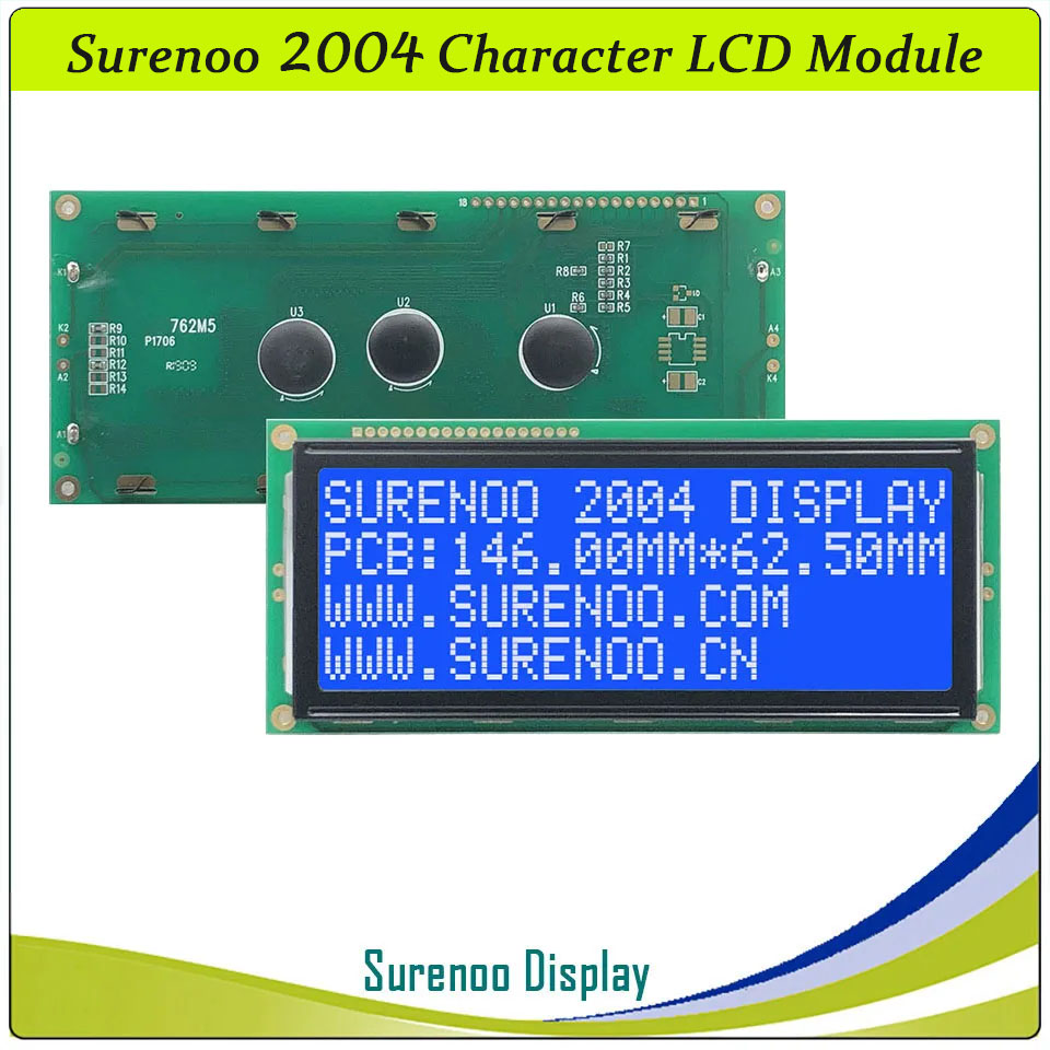 SLC2004B PCB=146.00X62.50MM 2004 20*4 Surenoo Character LCD Module Display Screen Panel 6800 4-bit 8-bit Parallel Serial IIC I2C AIP31066 SPLC780D ST7066 PCF8574 Controller STN Yellow Green STN Blue VA-TN Negative FSTN Positive LED Backlight