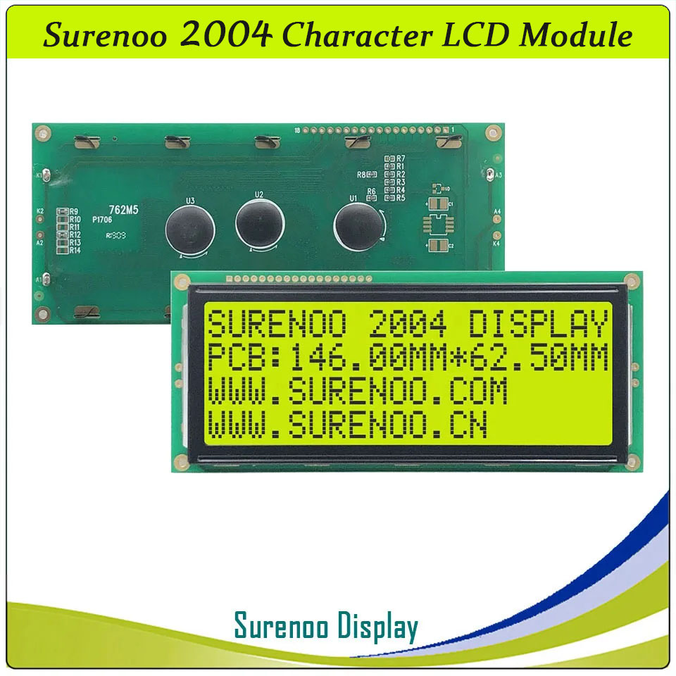SLC2004B PCB=146.00X62.50MM 2004 20*4 Surenoo Character LCD Module Display Screen Panel 6800 4-bit 8-bit Parallel Serial IIC I2C AIP31066 SPLC780D ST7066 PCF8574 Controller STN Yellow Green STN Blue VA-TN Negative FSTN Positive LED Backlight