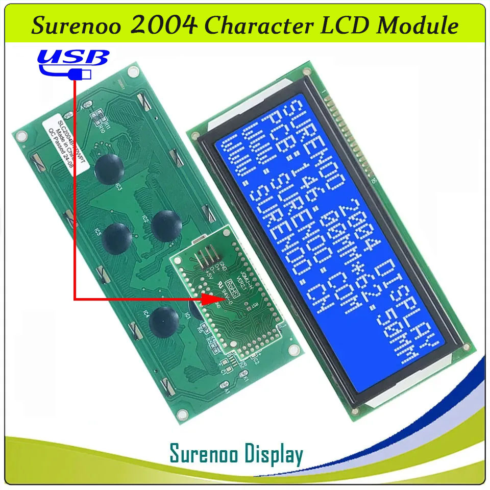 SLC2004B PCB=146.00X62.50MM 2004 20*4 Surenoo Character LCD Module Display Screen Panel 6800 4-bit 8-bit Parallel Serial IIC I2C AIP31066 SPLC780D ST7066 PCF8574 Controller STN Yellow Green STN Blue VA-TN Negative FSTN Positive LED Backlight