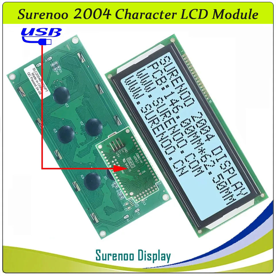 SLC2004B PCB=146.00X62.50MM 2004 20*4 Surenoo Character LCD Module Display Screen Panel 6800 4-bit 8-bit Parallel Serial IIC I2C AIP31066 SPLC780D ST7066 PCF8574 Controller STN Yellow Green STN Blue VA-TN Negative FSTN Positive LED Backlight