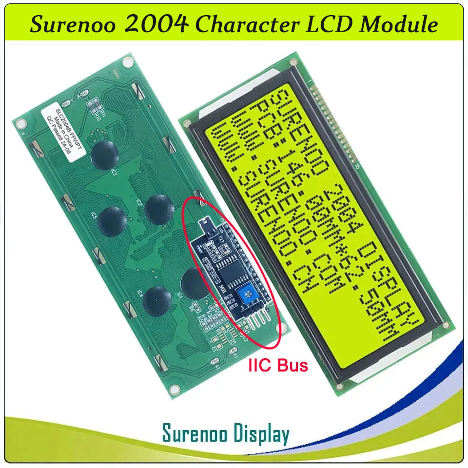 SLC2004B PCB=146.00X62.50MM 2004 20*4 Surenoo Character LCD Module Display Screen Panel 6800 4-bit 8-bit Parallel Serial IIC I2C AIP31066 SPLC780D ST7066 PCF8574 Controller STN Yellow Green STN Blue VA-TN Negative FSTN Positive LED Backlight