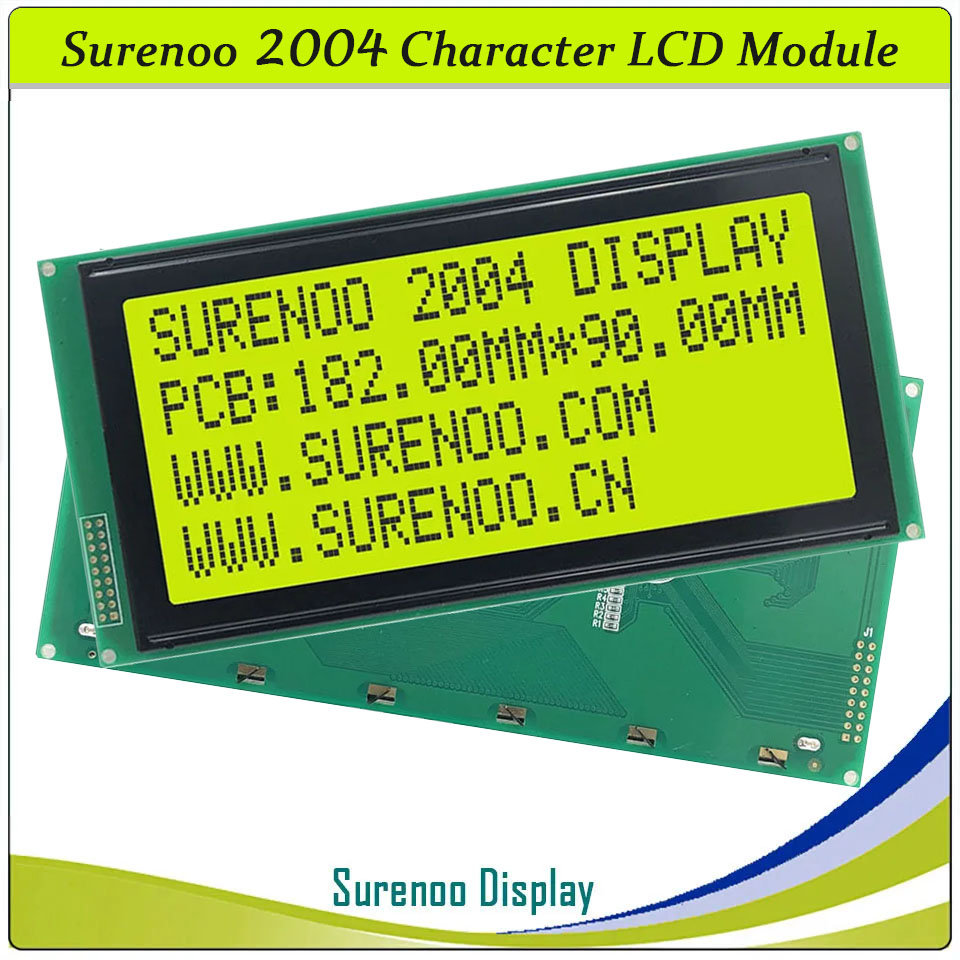 SLC2004C PCB=182.00X90.00MM 2004 20*4 Surenoo Character LCD Module Display Screen Panel 6800 4-bit 8-bit Parallel Serial IIC I2C AIP31066 SPLC780D ST7066 PCF8574 Controller STN Yellow Green LED Backlight