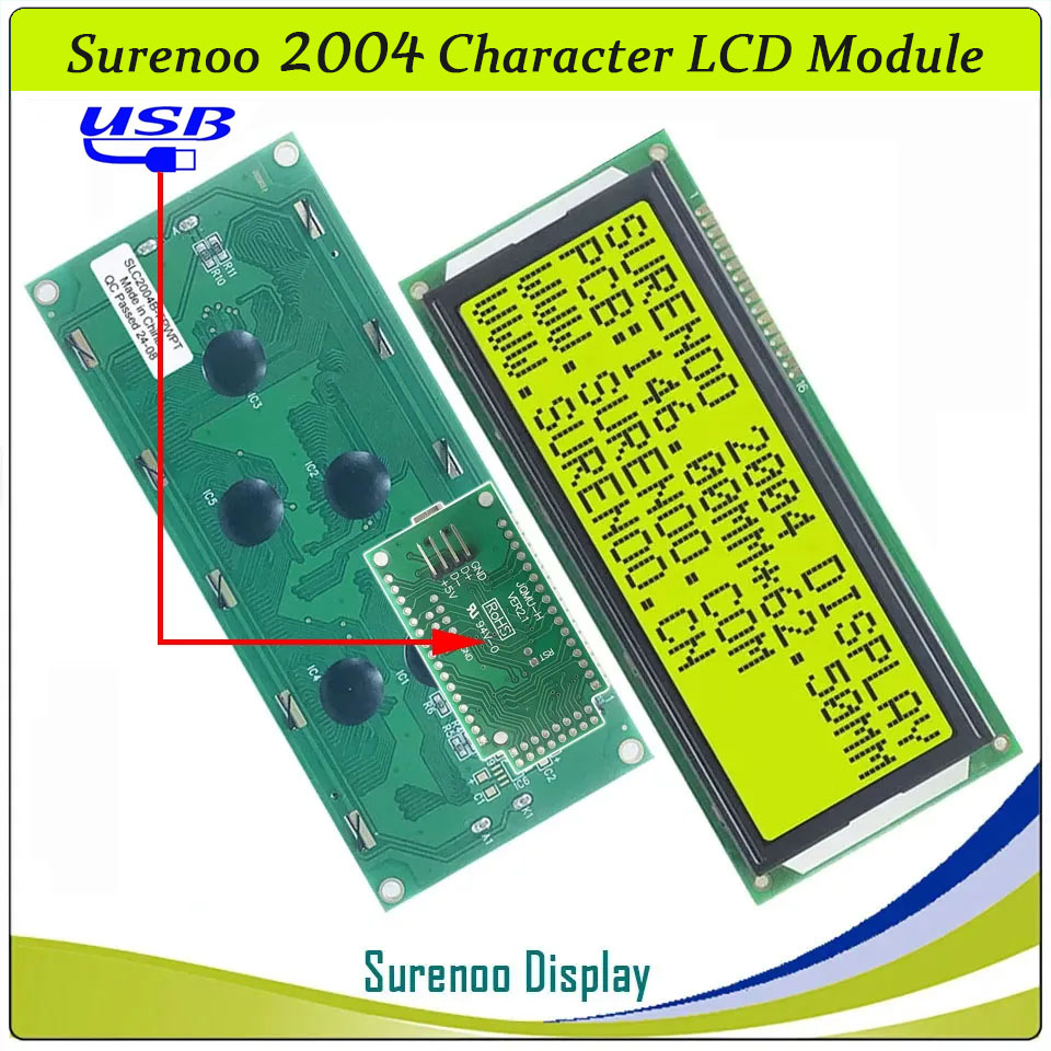 SLC2004B PCB=146.00X62.50MM 2004 20*4 Surenoo Character LCD Module Display Screen Panel 6800 4-bit 8-bit Parallel Serial IIC I2C AIP31066 SPLC780D ST7066 PCF8574 Controller STN Yellow Green STN Blue VA-TN Negative FSTN Positive LED Backlight