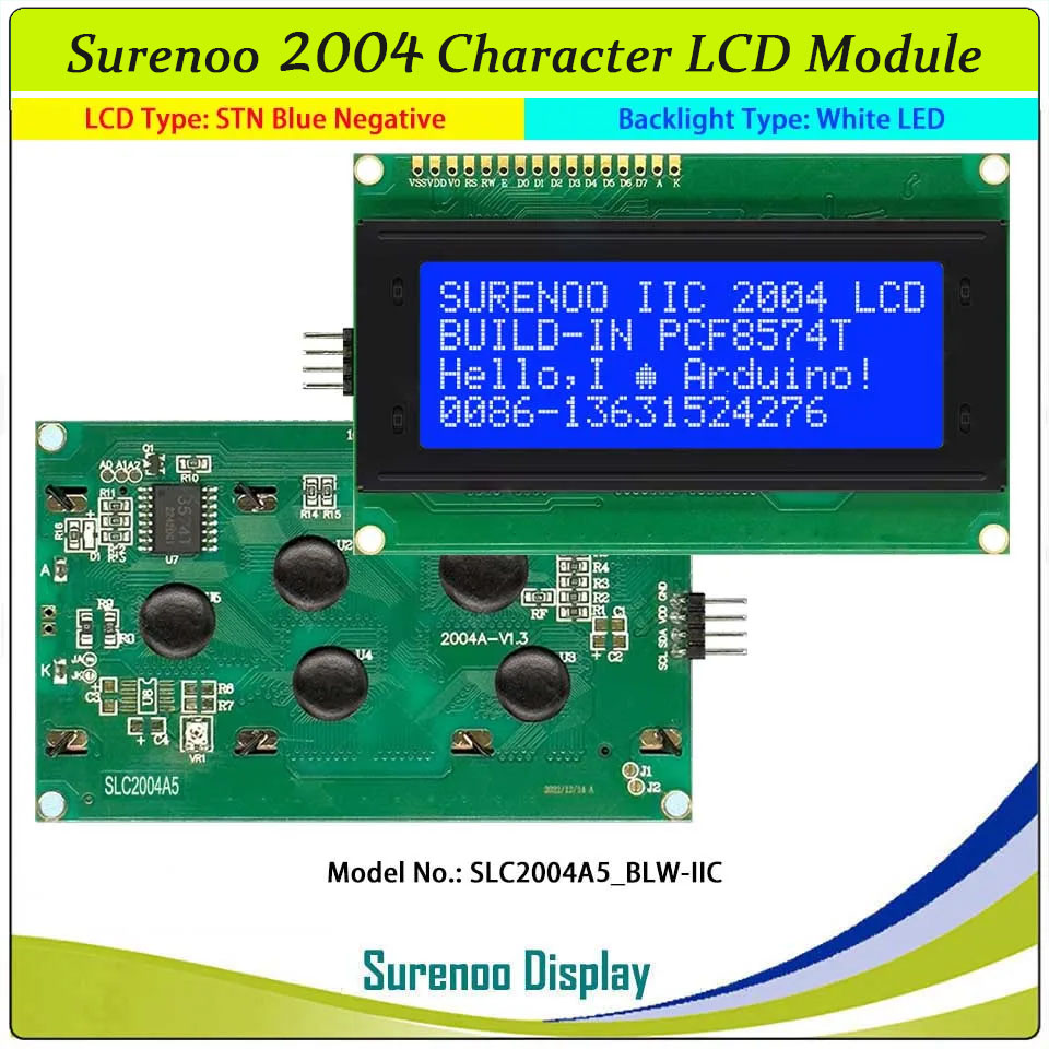 SLC2004A5 PCB=98.00X60.0 2004 20*4 Surenoo Character LCD Module Display Screen Panel 6800 4-Bit 8-Bit Parallel Integrated Serial IIC I2C SPI AIP31066 PCF8574 PCF8574T STN Yellow Green STN Blue FSTN Positive LED Backlight for Arduino UNO Nano Mega2560