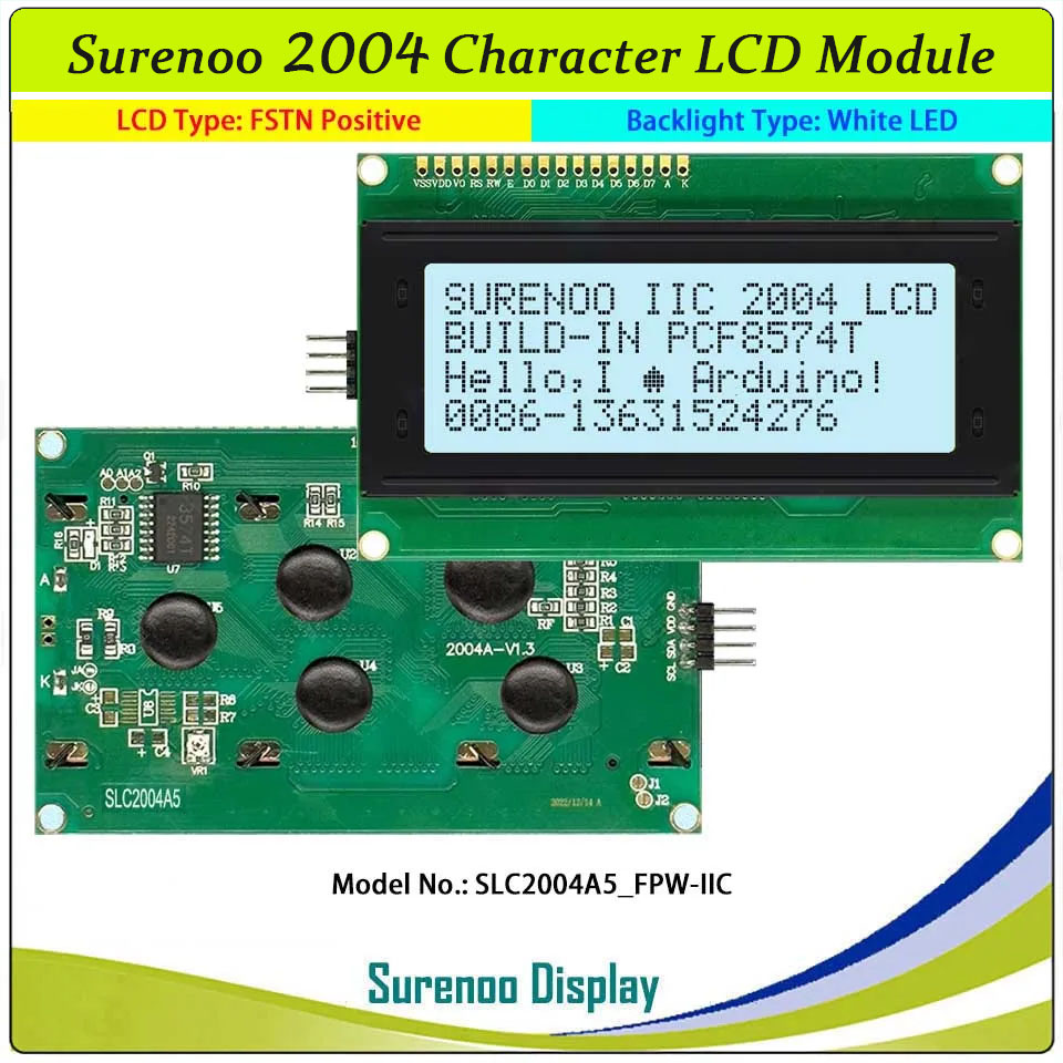 SLC2004A5 PCB=98.00X60.0 2004 20*4 Surenoo Character LCD Module Display Screen Panel 6800 4-Bit 8-Bit Parallel Integrated Serial IIC I2C SPI AIP31066 PCF8574 PCF8574T STN Yellow Green STN Blue FSTN Positive LED Backlight for Arduino UNO Nano Mega2560