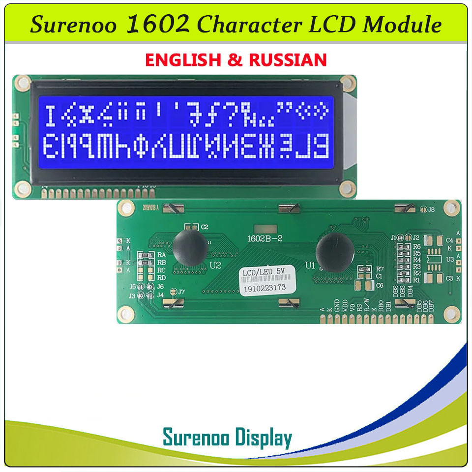 SLC1602B PCB=122.00X44.00MM 1602 16*2 Surenoo Character LCD Module Display Screen Panel 6800 4-bit 8-bit Parallel Serial IIC I2C AIP31066 SPLC780D ST7066 PCF8574 Controller STN Yellow Green STN Blue Negative FSTN Positive LED Backlight