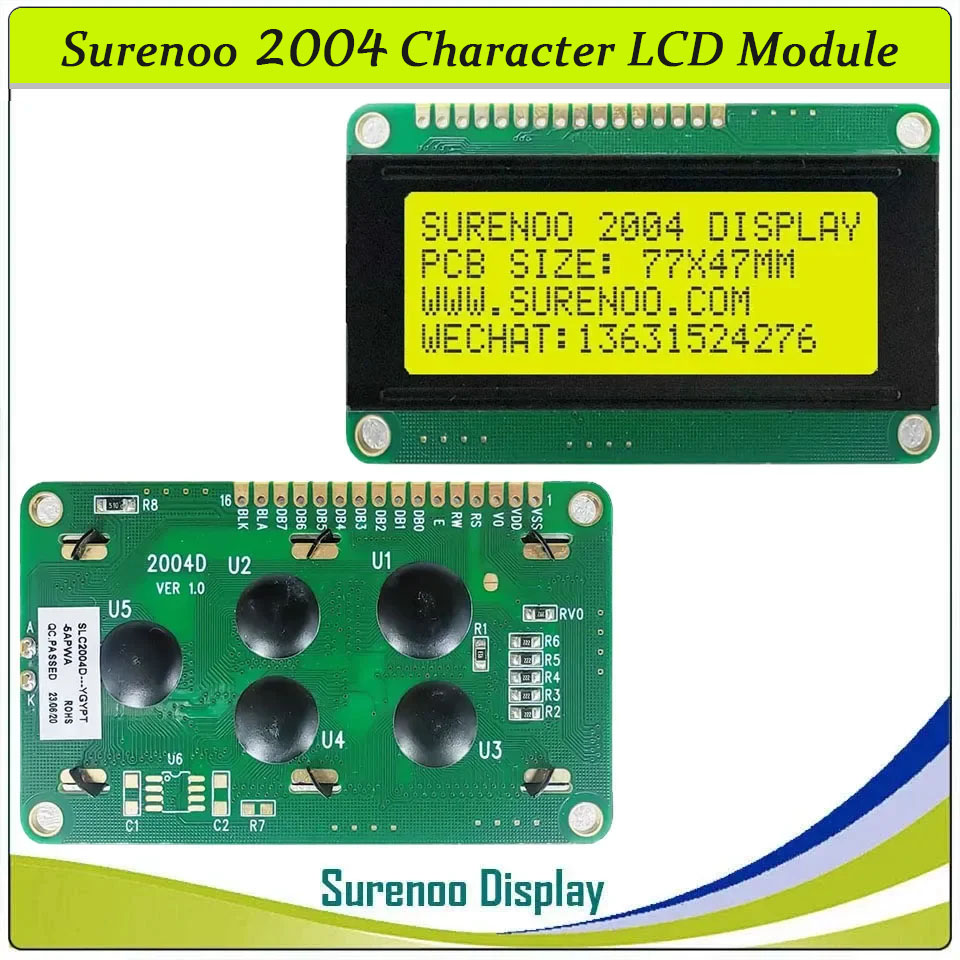 SLC2004D PCB=77.00X47.00MM 2004 20*4 Surenoo Character LCD Module Display Screen Panel 6800 4-bit 8-bit Parallel Serial IIC I2C AIP31066 SPLC780D ST7066 PCF8574 Controller STN Yellow Green LED Backlight