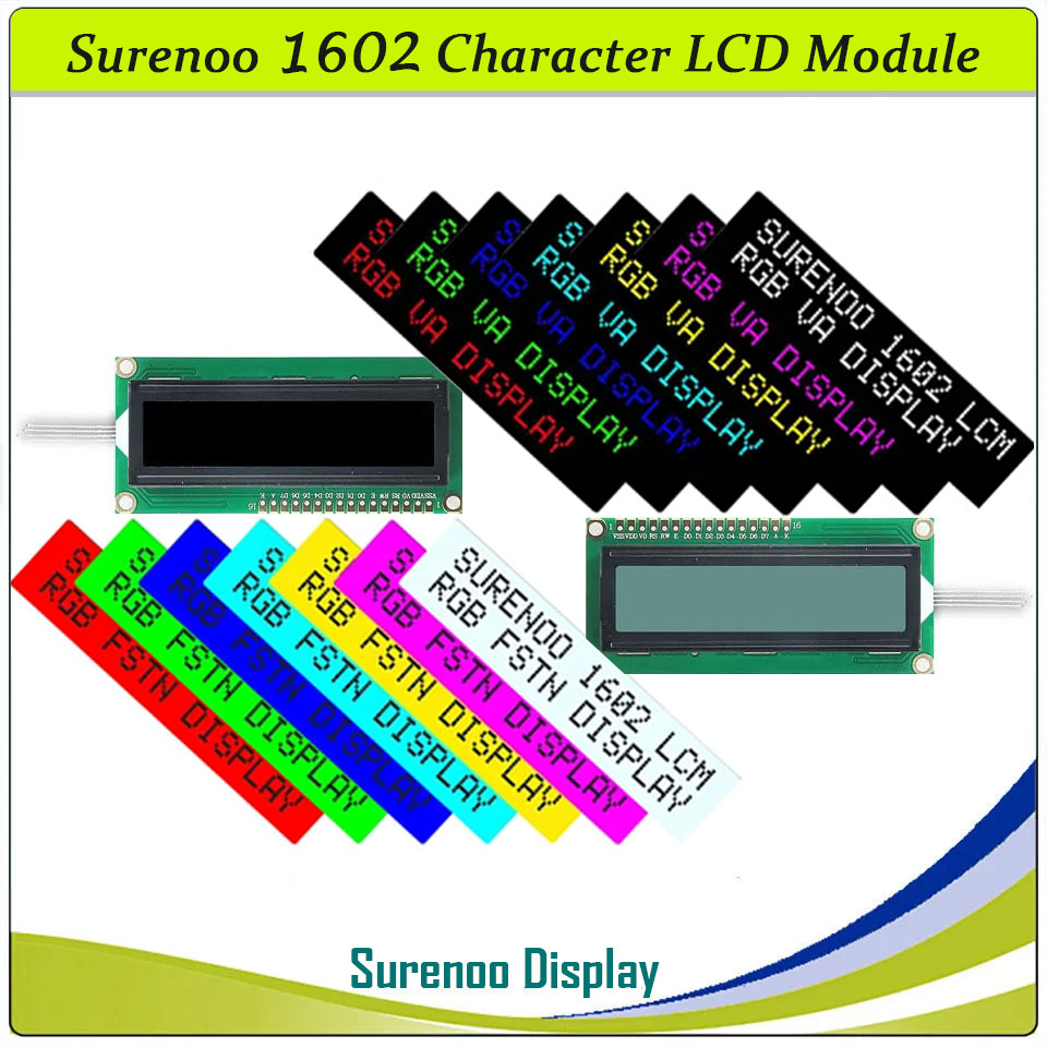 SLC1602A2 PCB=80.00X36.00MM 1602 16*2 Surenoo Character LCD Module Display Screen Panel 6800 4-bit 8-bit Parallel AIP31066 SPLC780D ST7066 Controller FSTN Positive VA-TN Negative FSTN Positive with RGB LED Backlight