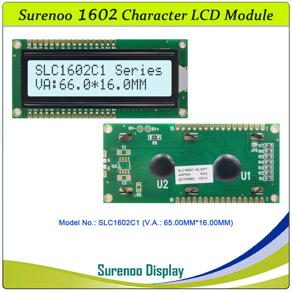 SLC1602C PCB=80.00X36.00MM 1602 16*2 Surenoo Up and Down 16P Interface Character LCD Module Display Screen Panel 6800 4-bit 8-bit Parallel AIP31066 SPLC780D ST7066 Controller STN Yellow Green STN Blue Negative FSTN Positive LED Backlight