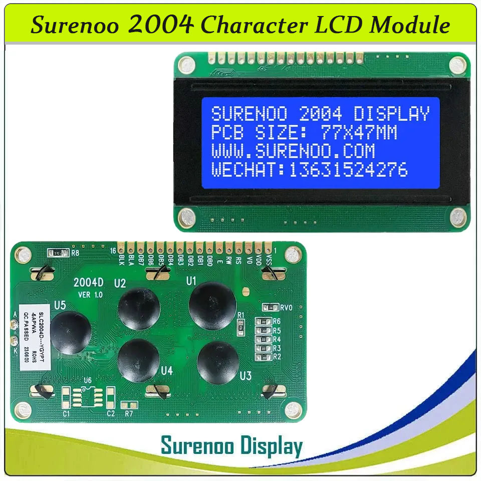SLC2004D PCB=77.00X47.00MM 2004 20*4 Surenoo Character LCD Module Display Screen Panel 6800 4-bit 8-bit Parallel Serial IIC I2C AIP31066 SPLC780D ST7066 PCF8574 Controller STN Yellow Green LED Backlight