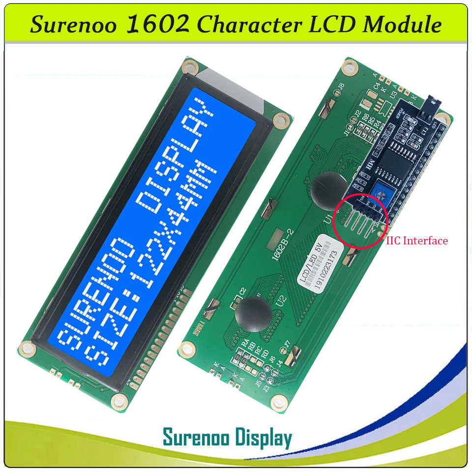 SLC1602B PCB=122.00X44.00MM 1602 16*2 Surenoo Character LCD Module Display Screen Panel 6800 4-bit 8-bit Parallel Serial IIC I2C AIP31066 SPLC780D ST7066 PCF8574 Controller STN Yellow Green STN Blue Negative FSTN Positive LED Backlight