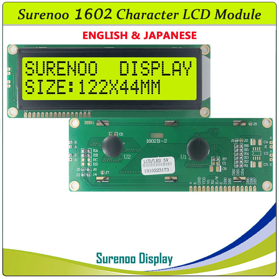 SLC1602B PCB=122.00X44.00MM 1602 16*2 Surenoo Character LCD Module Display Screen Panel 6800 4-bit 8-bit Parallel Serial IIC I2C AIP31066 SPLC780D ST7066 PCF8574 Controller STN Yellow Green STN Blue Negative FSTN Positive LED Backlight