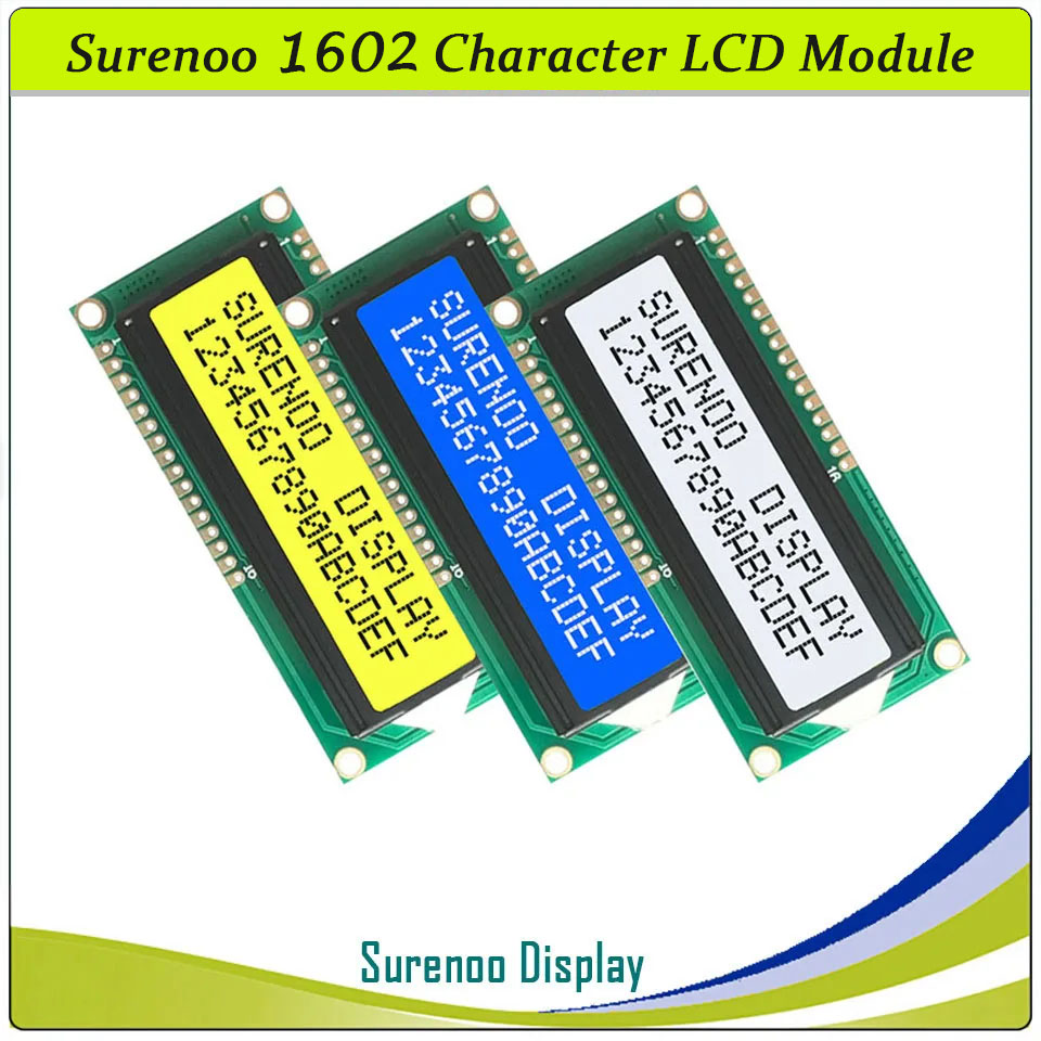 SLC1602C PCB=80.00X36.00MM 1602 16*2 Surenoo Up and Down 16P Interface Character LCD Module Display Screen Panel 6800 4-bit 8-bit Parallel AIP31066 SPLC780D ST7066 Controller STN Yellow Green STN Blue Negative FSTN Positive LED Backlight