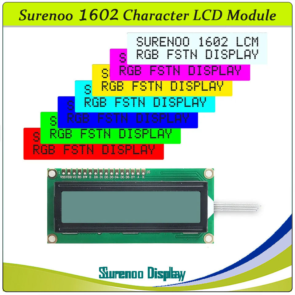 SLC1602A2 PCB=80.00X36.00MM 1602 16*2 Surenoo Character LCD Module Display Screen Panel 6800 4-bit 8-bit Parallel AIP31066 SPLC780D ST7066 Controller FSTN Positive VA-TN Negative FSTN Positive with RGB LED Backlight