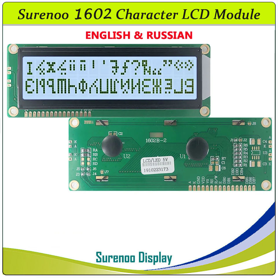 SLC1602B PCB=122.00X44.00MM 1602 16*2 Surenoo Character LCD Module Display Screen Panel 6800 4-bit 8-bit Parallel Serial IIC I2C AIP31066 SPLC780D ST7066 PCF8574 Controller STN Yellow Green STN Blue Negative FSTN Positive LED Backlight