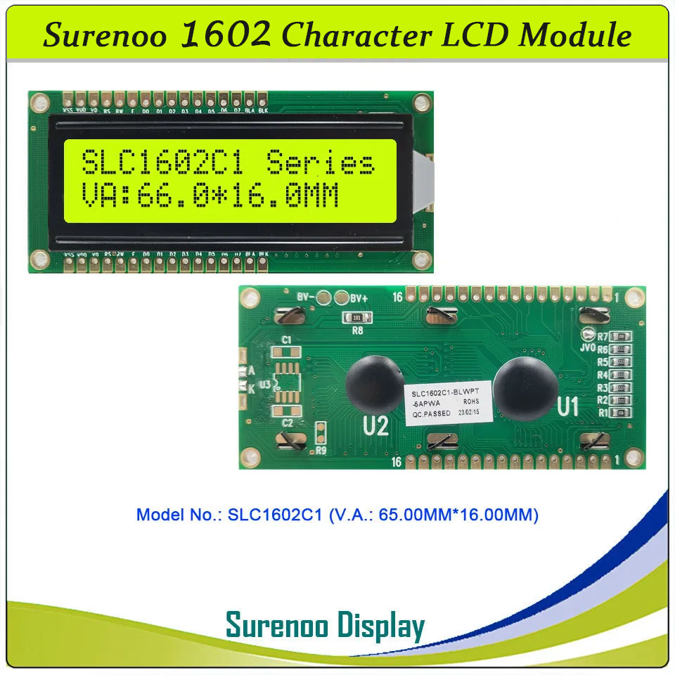 SLC1602C PCB=80.00X36.00MM 1602 16*2 Surenoo Up and Down 16P Interface Character LCD Module Display Screen Panel 6800 4-bit 8-bit Parallel AIP31066 SPLC780D ST7066 Controller STN Yellow Green STN Blue Negative FSTN Positive LED Backlight