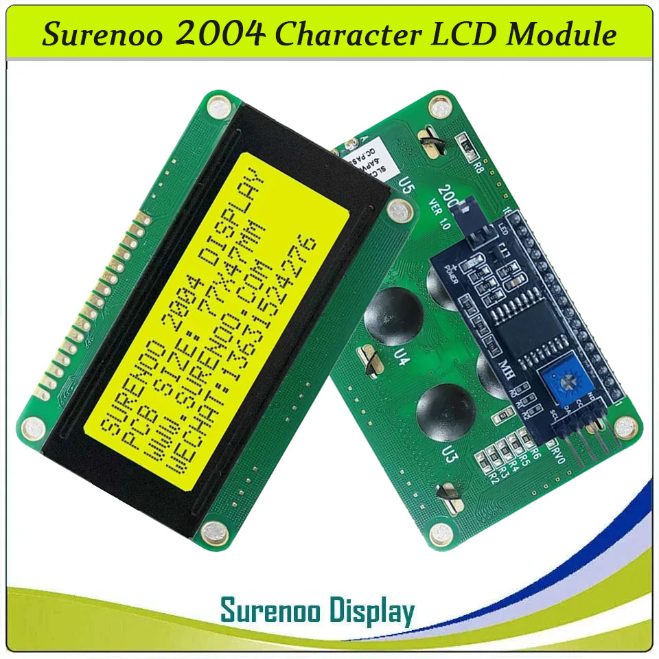 SLC2004D PCB=77.00X47.00MM 2004 20*4 Surenoo Character LCD Module Display Screen Panel 6800 4-bit 8-bit Parallel Serial IIC I2C AIP31066 SPLC780D ST7066 PCF8574 Controller STN Yellow Green LED Backlight