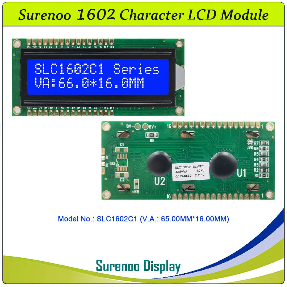 SLC1602C PCB=80.00X36.00MM 1602 16*2 Surenoo Up and Down 16P Interface Character LCD Module Display Screen Panel 6800 4-bit 8-bit Parallel AIP31066 SPLC780D ST7066 Controller STN Yellow Green STN Blue Negative FSTN Positive LED Backlight