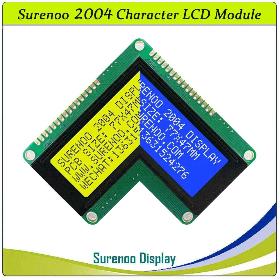 SLC2004D PCB=77.00X47.00MM 2004 20*4 Surenoo Character LCD Module Display Screen Panel 6800 4-bit 8-bit Parallel Serial IIC I2C AIP31066 SPLC780D ST7066 PCF8574 Controller STN Yellow Green LED Backlight