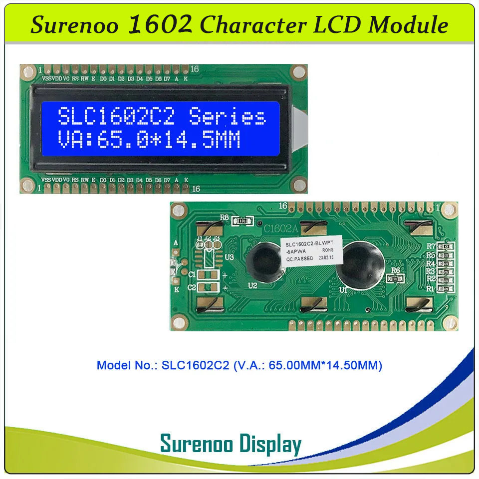 SLC1602C PCB=80.00X36.00MM 1602 16*2 Surenoo Up and Down 16P Interface Character LCD Module Display Screen Panel 6800 4-bit 8-bit Parallel AIP31066 SPLC780D ST7066 Controller STN Yellow Green STN Blue Negative FSTN Positive LED Backlight