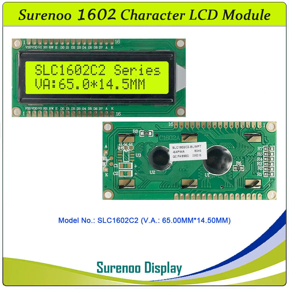 SLC1602C PCB=80.00X36.00MM 1602 16*2 Surenoo Up and Down 16P Interface Character LCD Module Display Screen Panel 6800 4-bit 8-bit Parallel AIP31066 SPLC780D ST7066 Controller STN Yellow Green STN Blue Negative FSTN Positive LED Backlight