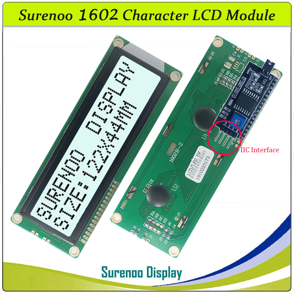 SLC1602B PCB=122.00X44.00MM 1602 16*2 Surenoo Character LCD Module Display Screen Panel 6800 4-bit 8-bit Parallel Serial IIC I2C AIP31066 SPLC780D ST7066 PCF8574 Controller STN Yellow Green STN Blue Negative FSTN Positive LED Backlight