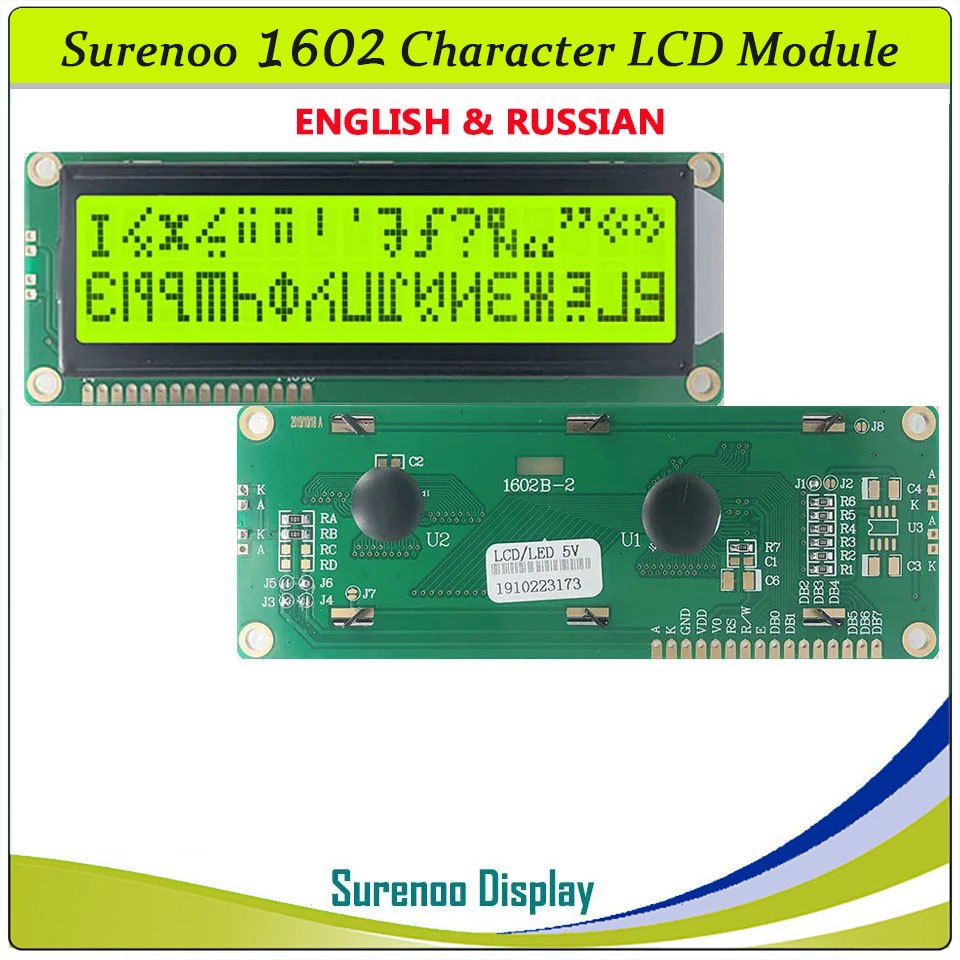 SLC1602B PCB=122.00X44.00MM 1602 16*2 Surenoo Character LCD Module Display Screen Panel 6800 4-bit 8-bit Parallel Serial IIC I2C AIP31066 SPLC780D ST7066 PCF8574 Controller STN Yellow Green STN Blue Negative FSTN Positive LED Backlight
