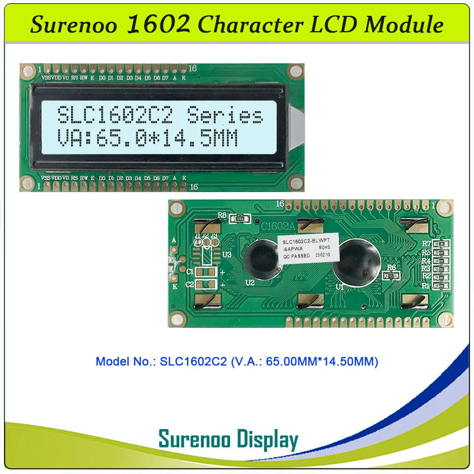 SLC1602C PCB=80.00X36.00MM 1602 16*2 Surenoo Up and Down 16P Interface Character LCD Module Display Screen Panel 6800 4-bit 8-bit Parallel AIP31066 SPLC780D ST7066 Controller STN Yellow Green STN Blue Negative FSTN Positive LED Backlight