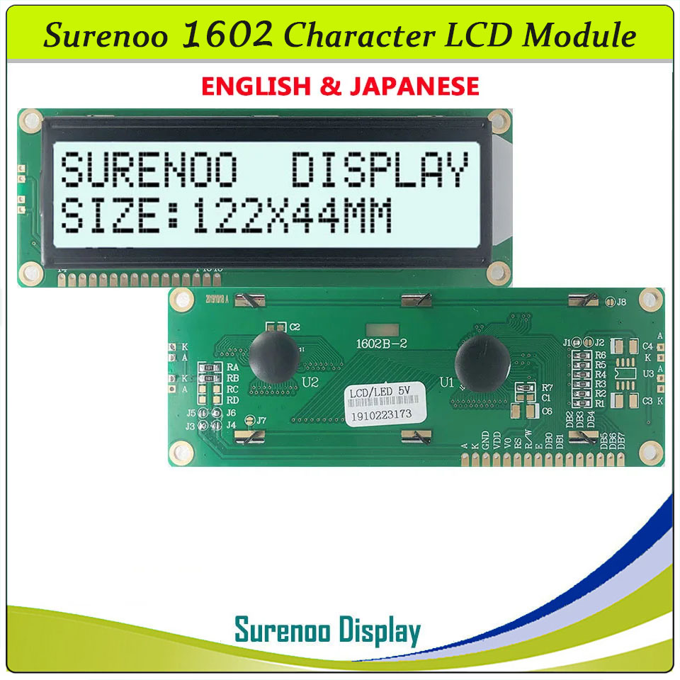 SLC1602B PCB=122.00X44.00MM 1602 16*2 Surenoo Character LCD Module Display Screen Panel 6800 4-bit 8-bit Parallel Serial IIC I2C AIP31066 SPLC780D ST7066 PCF8574 Controller STN Yellow Green STN Blue Negative FSTN Positive LED Backlight
