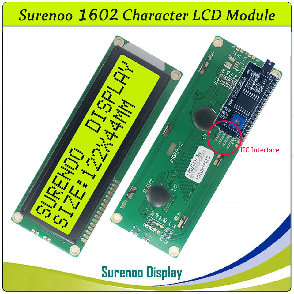SLC1602B PCB=122.00X44.00MM 1602 16*2 Surenoo Character LCD Module Display Screen Panel 6800 4-bit 8-bit Parallel Serial IIC I2C AIP31066 SPLC780D ST7066 PCF8574 Controller STN Yellow Green STN Blue Negative FSTN Positive LED Backlight