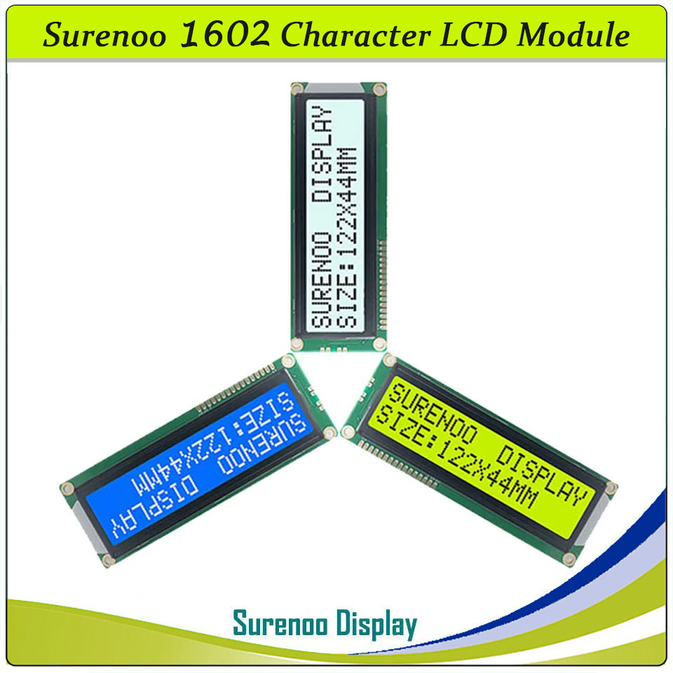SLC1602B PCB=122.00X44.00MM 1602 16*2 Surenoo Character LCD Module Display Screen Panel 6800 4-bit 8-bit Parallel Serial IIC I2C AIP31066 SPLC780D ST7066 PCF8574 Controller STN Yellow Green STN Blue Negative FSTN Positive LED Backlight