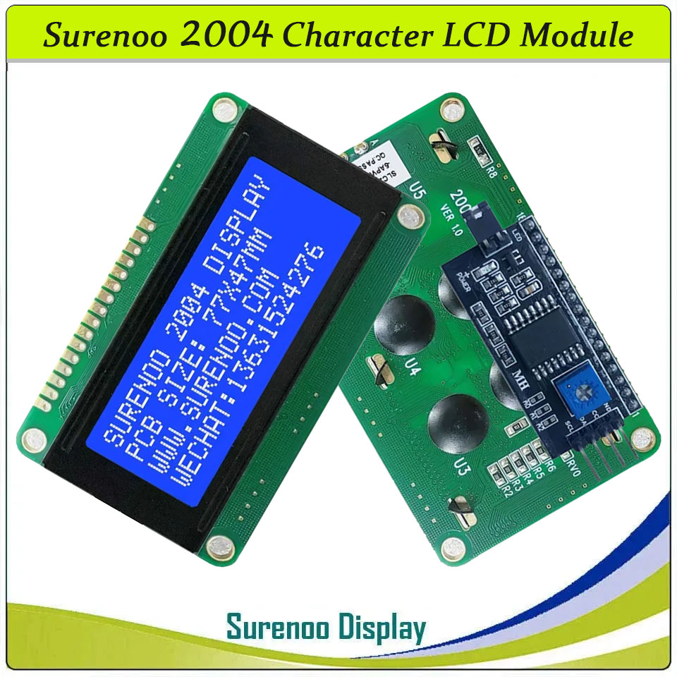 SLC2004D PCB=77.00X47.00MM 2004 20*4 Surenoo Character LCD Module Display Screen Panel 6800 4-bit 8-bit Parallel Serial IIC I2C AIP31066 SPLC780D ST7066 PCF8574 Controller STN Yellow Green LED Backlight