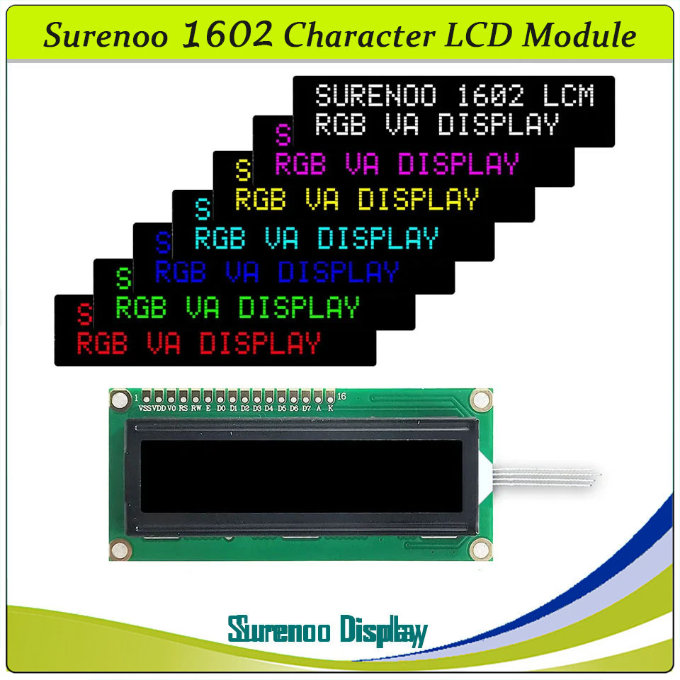 SLC1602A2 PCB=80.00X36.00MM 1602 16*2 Surenoo Character LCD Module Display Screen Panel 6800 4-bit 8-bit Parallel AIP31066 SPLC780D ST7066 Controller FSTN Positive VA-TN Negative FSTN Positive with RGB LED Backlight