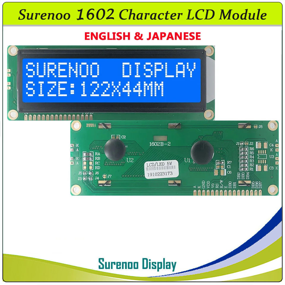 SLC1602B PCB=122.00X44.00MM 1602 16*2 Surenoo Character LCD Module Display Screen Panel 6800 4-bit 8-bit Parallel Serial IIC I2C AIP31066 SPLC780D ST7066 PCF8574 Controller STN Yellow Green STN Blue Negative FSTN Positive LED Backlight