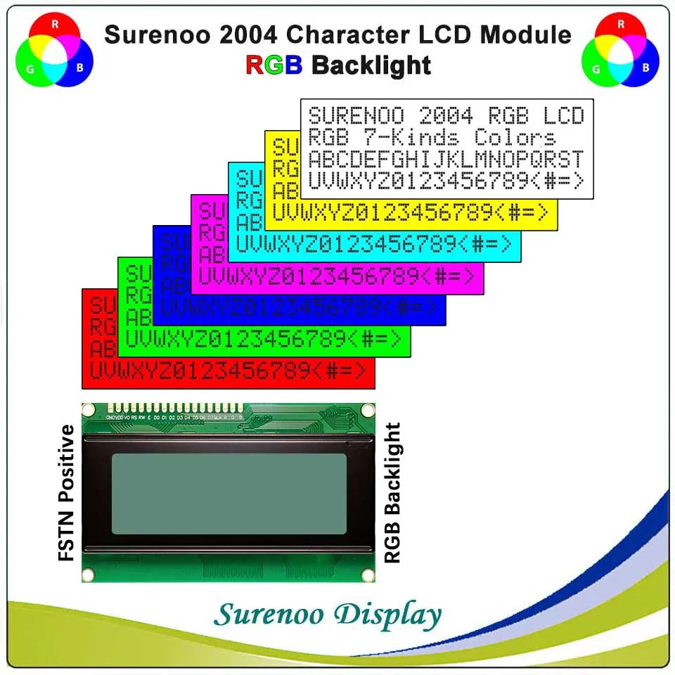SLC2004E PCB=98.00X60.00MM 2004 20*4 Surenoo Character LCD Module Display Screen Panel 6800 4-bit 8-bit Parallel AIP31066 SPLC780D ST7066 Controller FSTN Positive VA-TN Black Negative and RGB LED Backlight