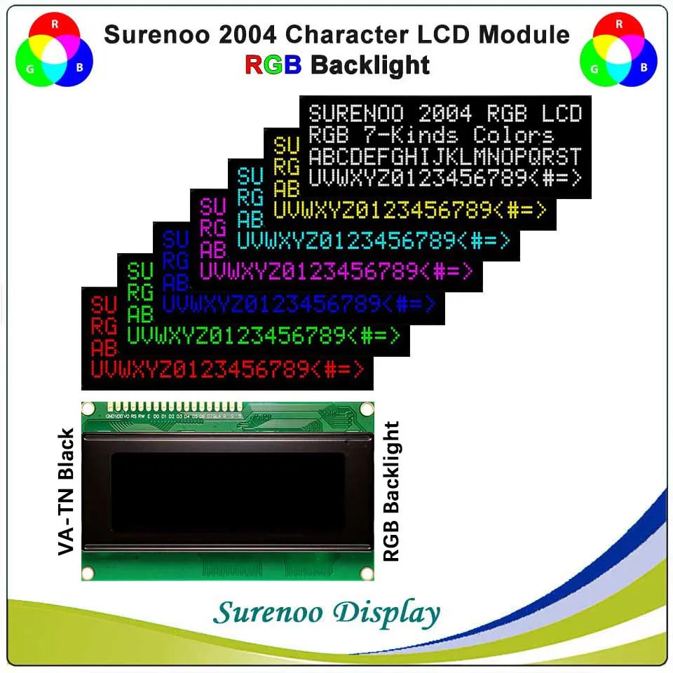 SLC2004E PCB=98.00X60.00MM 2004 20*4 Surenoo Character LCD Module Display Screen Panel 6800 4-bit 8-bit Parallel AIP31066 SPLC780D ST7066 Controller FSTN Positive VA-TN Black Negative and RGB LED Backlight