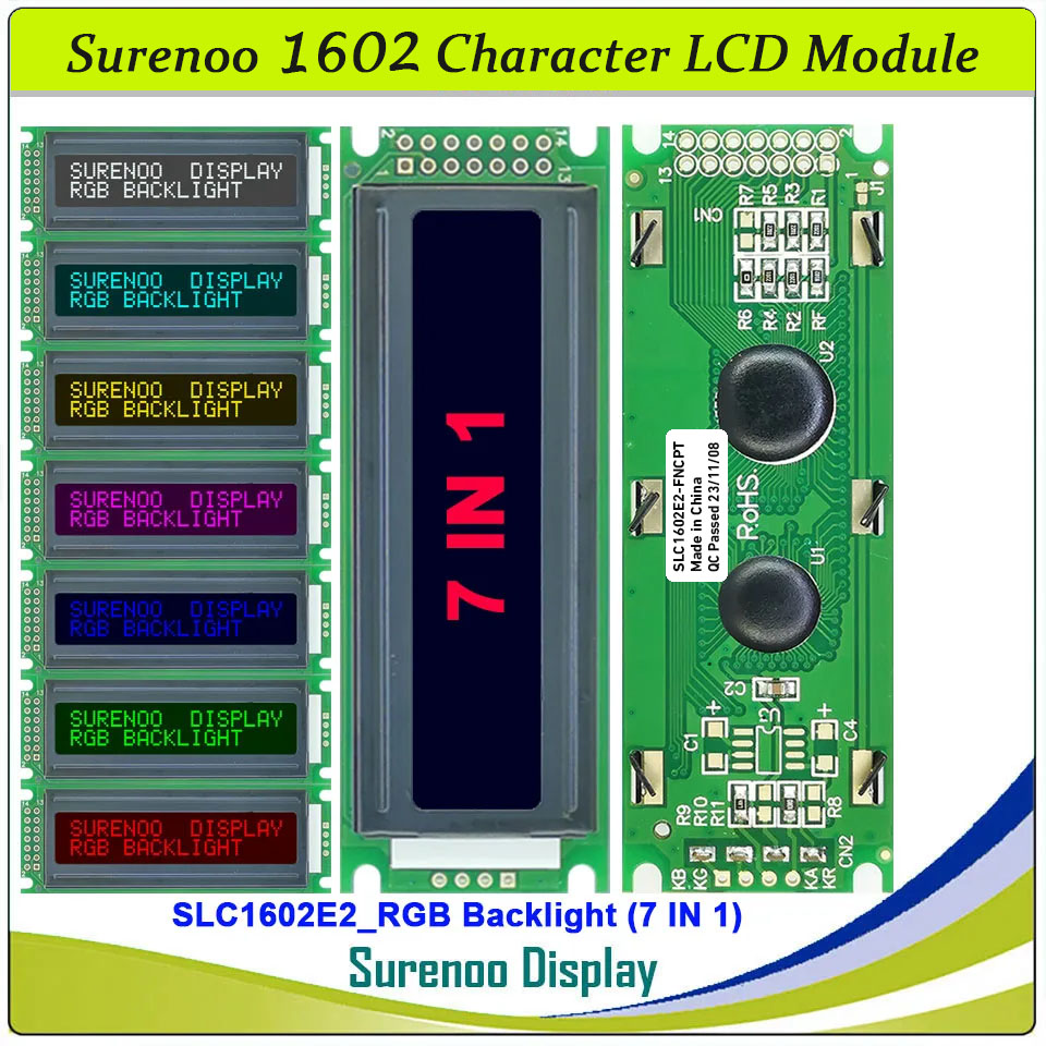 SLC1602E2 PCB=85.00X30.00MM 1602 16*2 Surenoo Character LCD Module Display Screen Panel 6800 4-bit 8-bit Parallel AIP31066 SPLC780D ST7066 Controller FSTN Positive Double FSTN DFSTN Negative with RGB LED Backlight