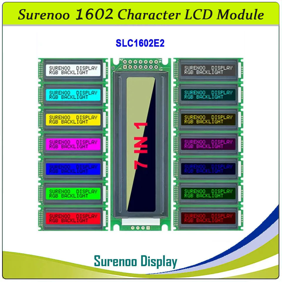 SLC1602E2 PCB=85.00X30.00MM 1602 16*2 Surenoo Character LCD Module Display Screen Panel 6800 4-bit 8-bit Parallel AIP31066 SPLC780D ST7066 Controller FSTN Positive Double FSTN DFSTN Negative with RGB LED Backlight