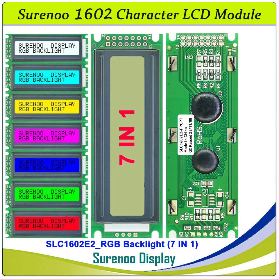 SLC1602E2 PCB=85.00X30.00MM 1602 16*2 Surenoo Character LCD Module Display Screen Panel 6800 4-bit 8-bit Parallel AIP31066 SPLC780D ST7066 Controller FSTN Positive Double FSTN DFSTN Negative with RGB LED Backlight