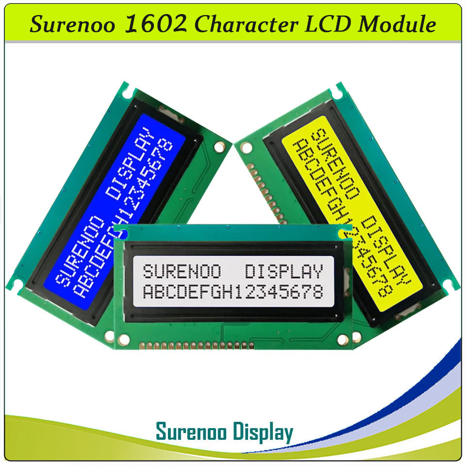 SLC1602D PCB=84.00X44.00MM 1602 16*2 Surenoo Character LCD Module Display Screen Panel 6800 4-bit 8-bit Parallel AIP31066 SPLC780D ST7066 Controller STN Yellow Green STN Blue Negative FSTN Positive LED Backlight