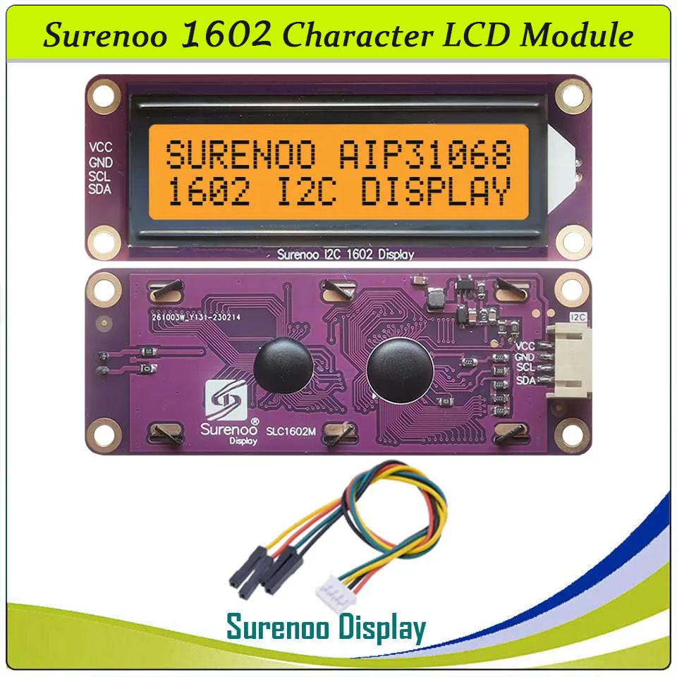 SLC1602M PCB=87.00X32.00 1602 16*2 Surenoo Character LCD Module Display Screen Panel Serial IIC I2C AIP31068 Controller STN Yellow Green Blue Negative FSTN Positive with White Sky Blue Orange LED Backlight for Arduino UNO Mega2560 Nano RaspBerry Pi