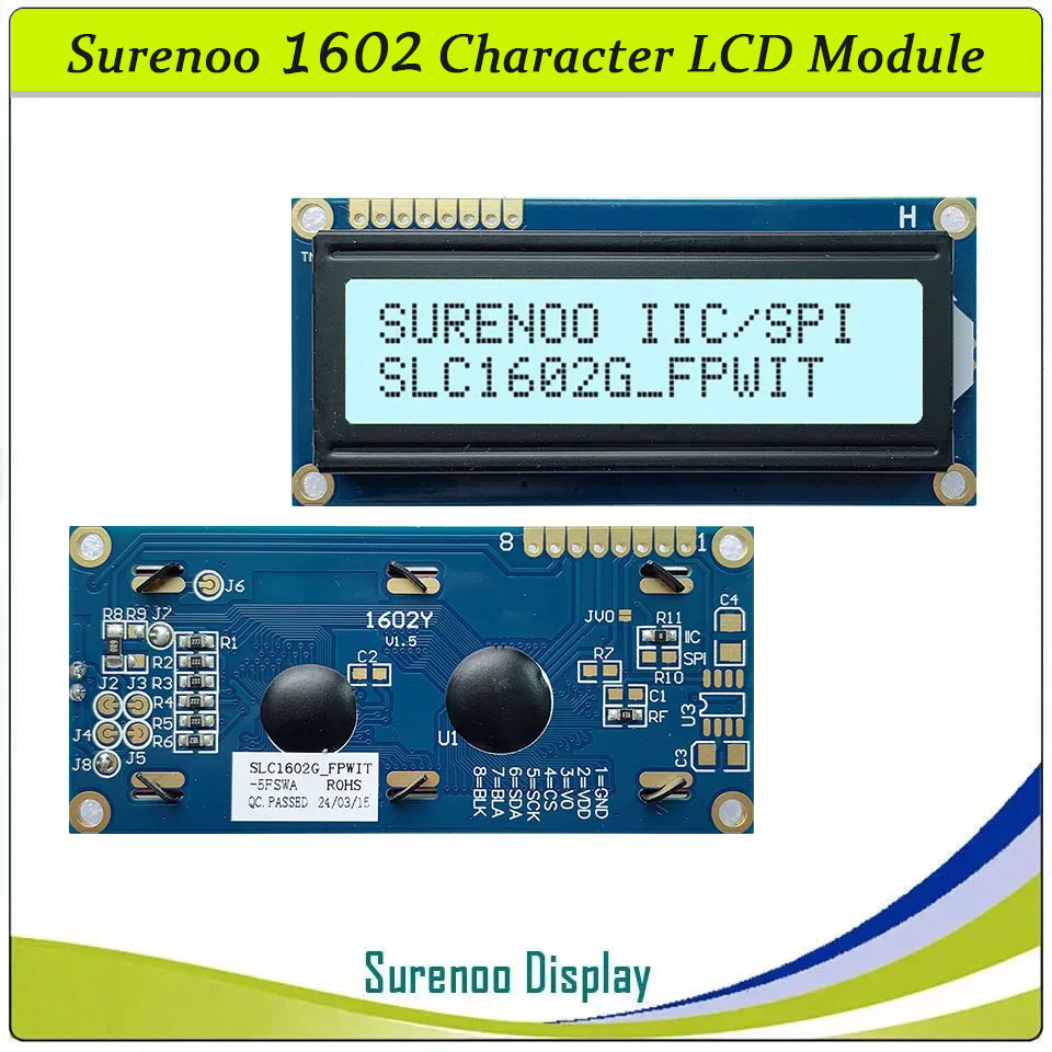 SLC1602G PCB=80.00X36.00MM 1602 16*2 Surenoo Character LCD Module Display Screen Panel Integrated Serial 3-Wire SPI IIC I2C AIP31068 Controller STN Yellow Green STN Blue FSTN Positive LED Backlight for Arduino UNO Nano Mega2560